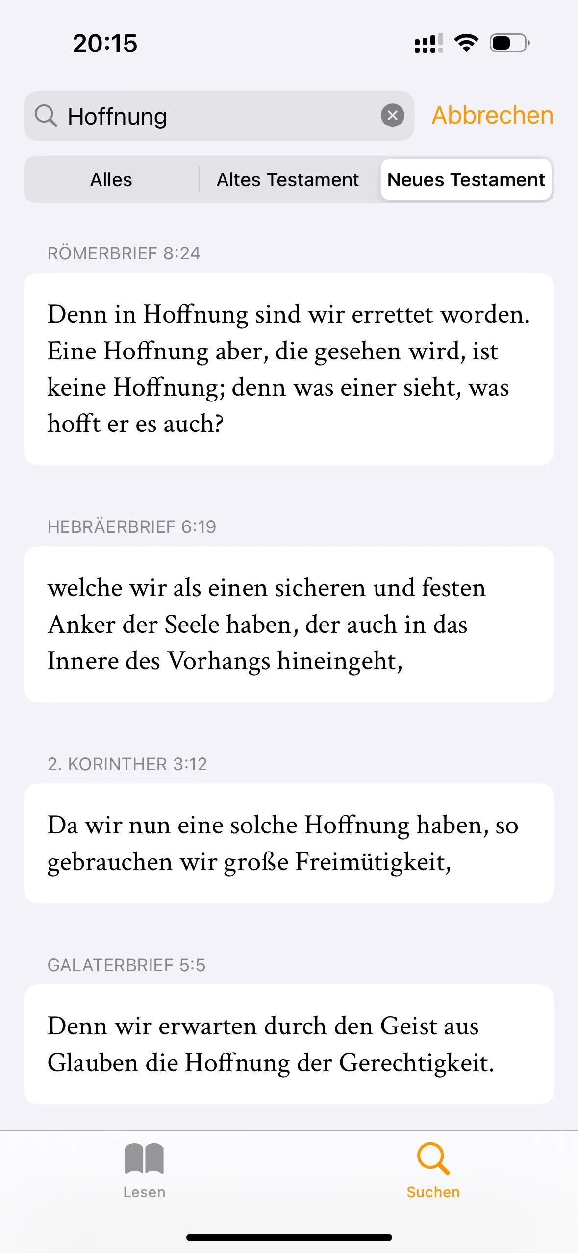 Screenshot der Suchfunktion der Vector Bible App