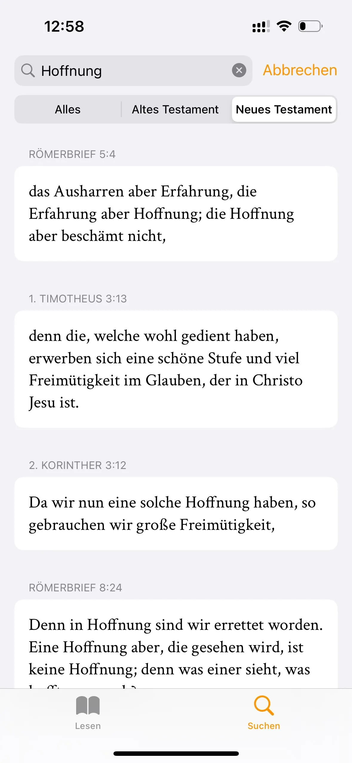 Screenshot der Suchfunktion der Vector Bible App